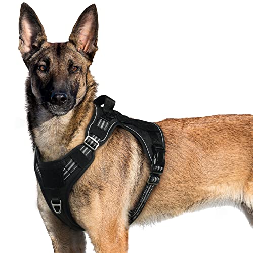 rabbitgoo Arnes Perro Antitirones, Arnes Perro Grande Mediano Transpirable, Arnes Táctico Perro ajustable con Asa Anillos y Molle, Chaleco Durable Reflectante para Adiestrar, Caminar, Cazar, Negro, XL