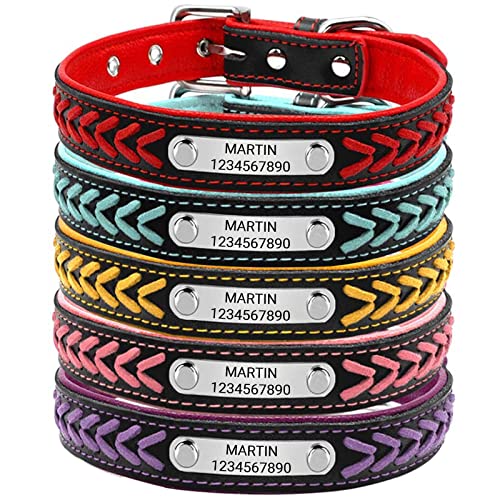 AIPNIS Collar para Perros de Cuero Trenzado con Placa Personalizada Grabada con el Nombre y el Número de Teléfono de su Mascota, Tamaño Ajustable para Perros de Tamaño Pequeño a Mediano