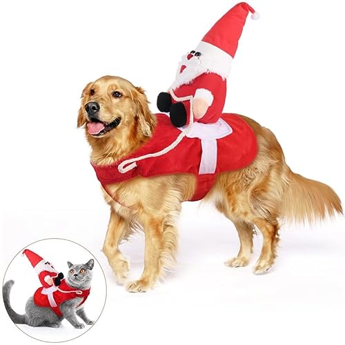 KATELUO Disfraz Gato de Navidad, Perro Ropa Navidad, Disfraz de Navidad para Mascotas, Disfraz Navidad Perro con Papá Noel Montado en Mascota Gato Perro Abrigo Rojo