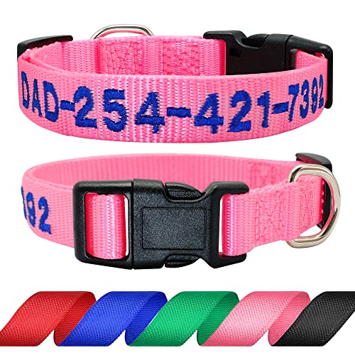 Didog Collar de perro bordado personalizado con nombre de mascota y número de teléfono, collar de perro personalizado para perros pequeños, medianos grandes, collar rosa, hilo azul