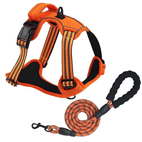 Arnés para perros de tamaño mediano, arnés antitren, arnés de seguridad sin tirones, arnés de seguridad con acolchado ajustable, reflectante, arnés para perros grandes, naranja, L