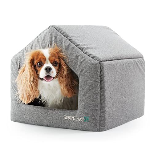 SuperKissen24. Cama Pequeños Medianos Grandes Perros y Gatos - Casetas Perros para Uso en Interiores - Cama Cueva Impermeable - Oeko-Tex Certificado - 50x64x45 cm - Lino Gris