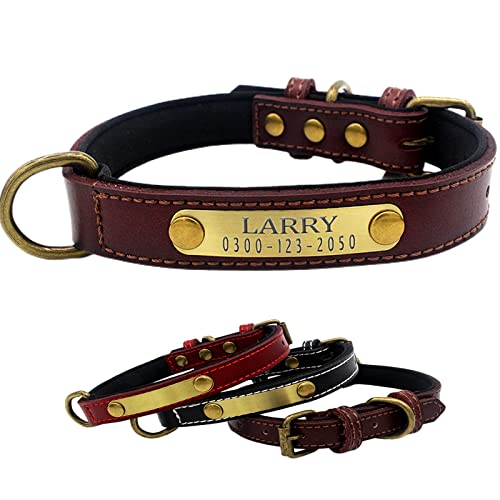 Yonsbox Collar Cuero Suave Acolchado para Perro Personalizado con Etiqueta Nombre Grabado Marrón Collar Perro Grande Mediano Pequeño Cachorr