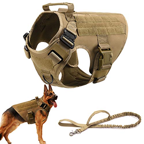 Arnés Táctico para Perro Molle Patrol Arnés Militar para Perro,Perros De Entrenamiento Y De Trabajo,Arnés Chaleco para Perros con Correa Elástica, Hebilla De Metal Y Asa,Marrón,L