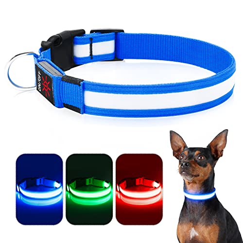 iTayga Collar de perro LED, luces de collar de perro con luz recargable por USB, collar de Navidad ajustable para cachorros, collar de mascota cómodo, medianos y grandes (tamaño pequeño, azul)