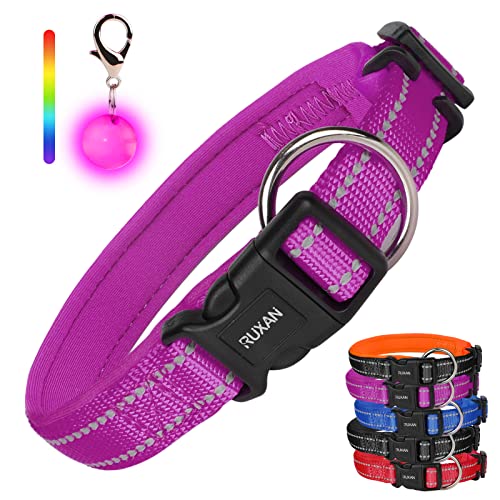 RUXAN Collar reflectante para perro con acolchado de nailon para mascotas con hebilla de liberación rápida, 1 collar de luz LED gratis para perros pequeños, medianos y grandes M(40-45cm)