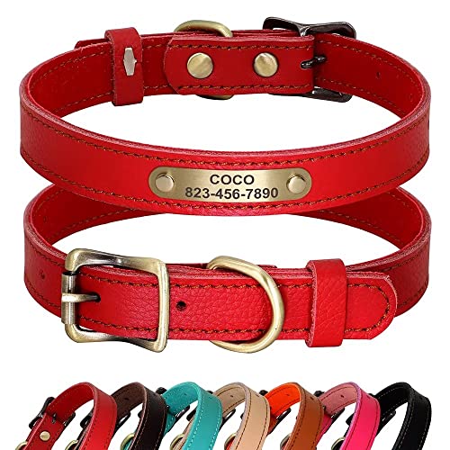 PET ARTIST Personalizado Collar de Perro de Cuero Genuino, Ligero y Suave Collar, 7 Hermosos Colores, Collar de Perro Durable para Cachorro y Perros pequeños, Rojo M