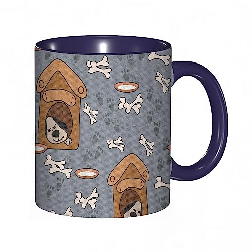 Taza divertida de cerámica de 14 onzas,Mug Cachorro de hueso de perro durmiendo en patrón de caseta de perro con ilustración de tazón de comida y p Capacidad 330ml Apta para lavavajillas y microond