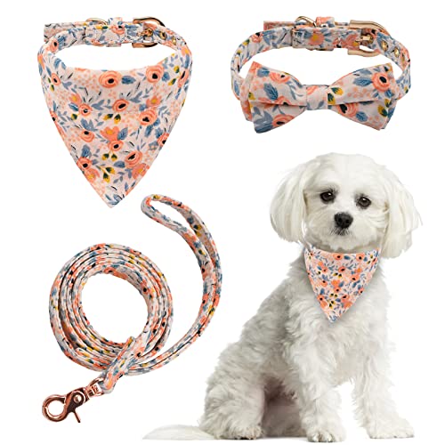 HACRAHO Juego de collar de perro con correa, 3 piezas desmontables para mascotas, collar de pajarita y correa para mascotas, conjunto de collar y correa ajustable, bandana de flores para perros