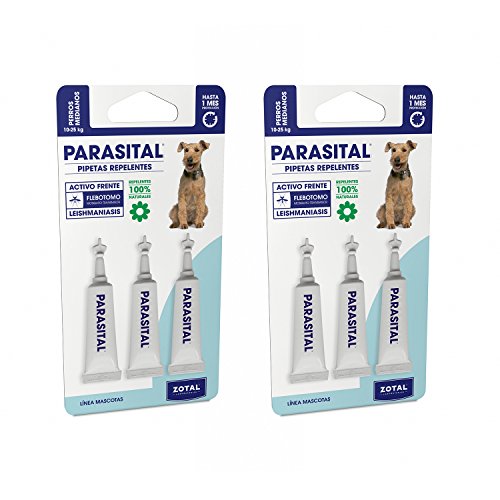 Parasital Pipetas Antiparasitarias para Perros Medianos de 10 a 25 kg - Pack de 6x2,5ml de Zotal - Activo Contra Leishmaniasis y demás Mosquitos, Pulgas y Garrapatas - Repelente 100% Natural