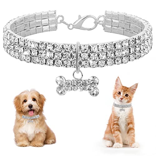 TIESOME Collar de Gato Bling Rhinestone, Collar elástico Ajustable para Mascotas Collar de Diamantes para Perros pequeños (Forma de Hueso de Perro)