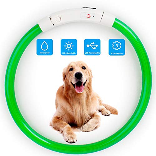 Collar de Perro con luz LED, Recargable por USB, Collar de Perro LED, Resistente al Agua, Luminoso, Collar de Perro y Longitud Ajustable con Tres Modos de iluminación para Perros y Gatos (Green)