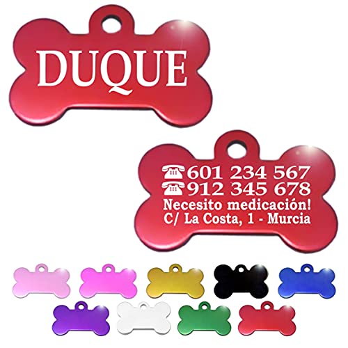 Iberiagifts - Hueso para mascotas medianas-grandes sin dibujo placa chapa de identificación personalizada para collar perro gato mascota grabada (Rojo)