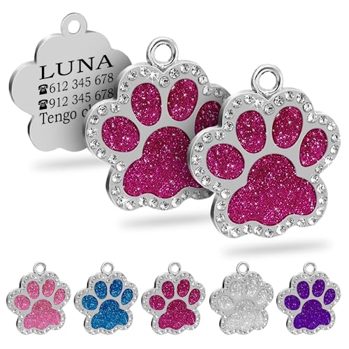 Ibera gifts - 2 x Chapa identificación para Perros y Gatos pequeños a medianas Forma de Pata - Placa Identificativa personalizada colgante medalla chapita correa (Fucsia x 2)