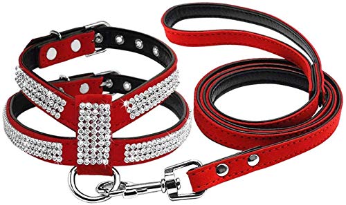 DHGTEP Arnés del Perro de Diamantes de Imitación de Cuero del Gato Cachorro Arnés y Correa para el Perro Pequeño y Mediano Chihuahua (Color : Red, Size : M)