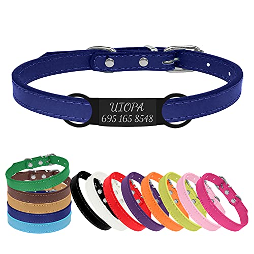 Uiopa Collar Perro Pequeño/Mediano, Chapa Perro Grabada Collar Perro Personalizado Collar Gato Cuero Ajustable y Impermeable para Cachorros, Gatos, Mascotas (Azul Oscuro, Pequeño (20-28cm, 1cm))