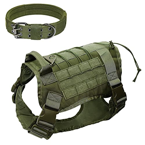 Arnés Táctico para Perros y Collar para Perros 2 Juegos - ALLSOPETS Arnés para Perros Medio Grande Arnés de Chaleco para Perros con Collar para Perros para Entrenamiento Caminar Exterior Verde XL