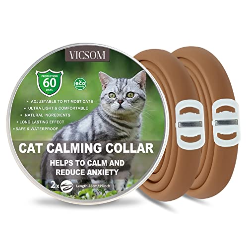 VICSOM Collares Calmantes para Gatos, Collar Calmante para Gatos, Feromonas para Gatos Seguro Natural, Regulable Impermeable Feromona Calmante para Gatos Pequeños, Medianos y Grandes 18.8In Café 2Pcs