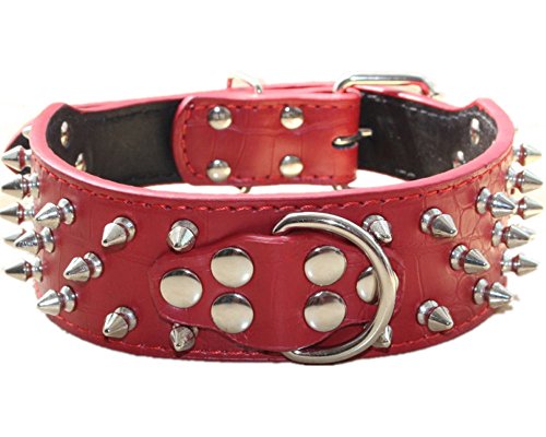 haoyueer Collar de perro de cuero con pinchos, remaches de bala, tachonados, 2 pulgadas de ancho, elegantes collares de cuero para perros medianos y grandes, Pitbull (M, rojo)