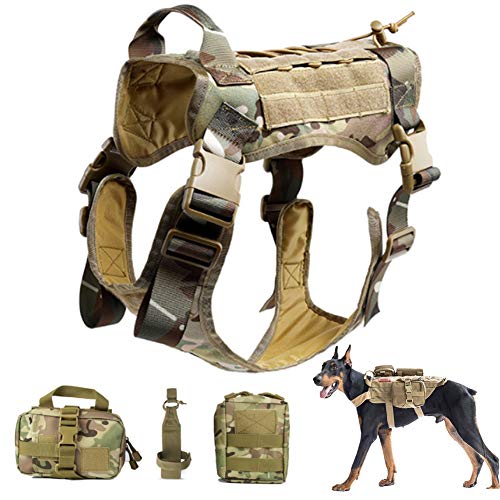 Arnés Táctico para Perros para Entrenamiento De Senderismo, Servicio Militar De Trabajo Chaleco Molle para Perros, Arnés Sin Chaleco Medianos Grandes con Bolsas Molle Y Soporte para Botellas,Camo,XL