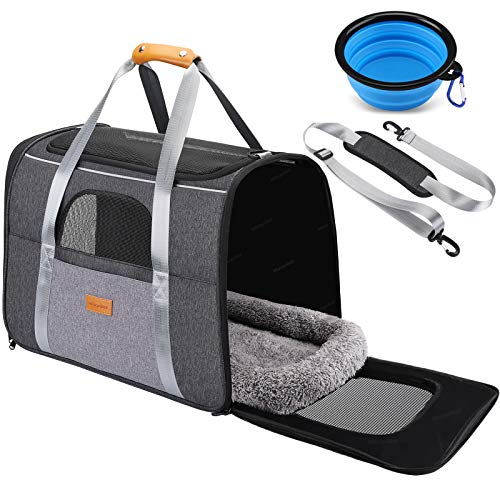 morpilot Transportín Gato Transportín Perro, Bolsa Transporte Plegable para Gato y Perro Pequeño Mediano, Transportin para Perro Pequeño con Correa de Hombro Ajustable y Cojin Suave + Tazón Plegable