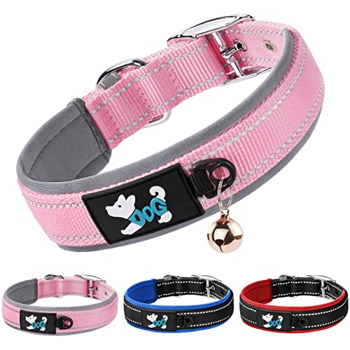 AUAUY Collar Perro, Ajustable Collar Nylon Reflectante para Mascotas, Neopreno Ultrasuave Acolchado con Hebilla de Metal Anillo en D Y Anillo de Etiqueta para Perros Pequeños, Medianos, Grandes Rosa-S