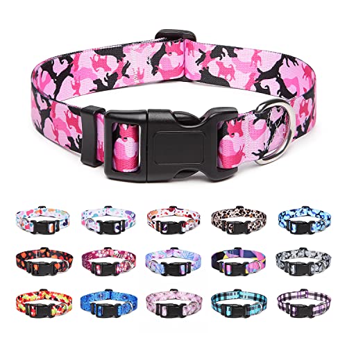 Suredoo Collar Perro, Ajustable y Resistente con Patrones de Moda, Collar Nylon Cómodos para Perros Pequeños Medianos Grandes, Cachorros (M, Camo Rosa)