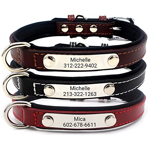 AIPNIS Collar de Perro de Cuero Oscuro con Placa de Metal Grabada Personalizada con el Nombre y el Número de Teléfono, Adecuado para Perros Medianos, Pequeños y Grandes