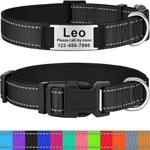 Taglory Collares de Perro Personalizados para Perros Grandes, Collar de Perro con Placa de Nombre, Collar de Perro Reflectante con Etiqueta de Perro Grabada, Negra