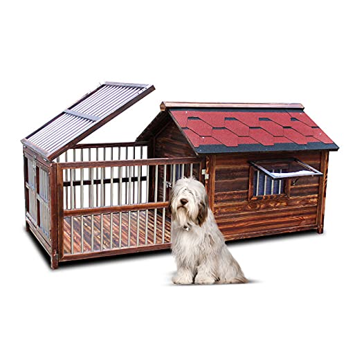 JHKGY Caseta para Perros De Madera Carbonizada CITI,Perrera De Madera Al para Mascotas,Resistente Al Agua Ventilar La Casa del Perro,Placa Inferior Extraíble con Área De Valla,Ventana Doble,L