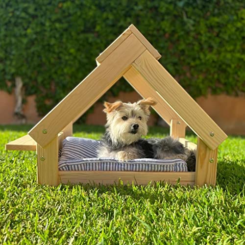 Caseta para Perro de Interior - Cama con Estructura de Madera Natural FSC, Perros y Gatos Pequeños y Medianos, Casita para Mascota con Soporte para 2 Cuencos, Casa para Gatos, Perros, Conejos