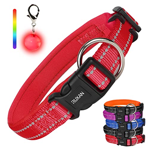 RUXAN Collar reflectante para perro con acolchado y ajustable de nailon básico para mascotas con hebilla de liberación rápida, 1 collar de luz LED gratis para perros pequeños, medianos y grandes