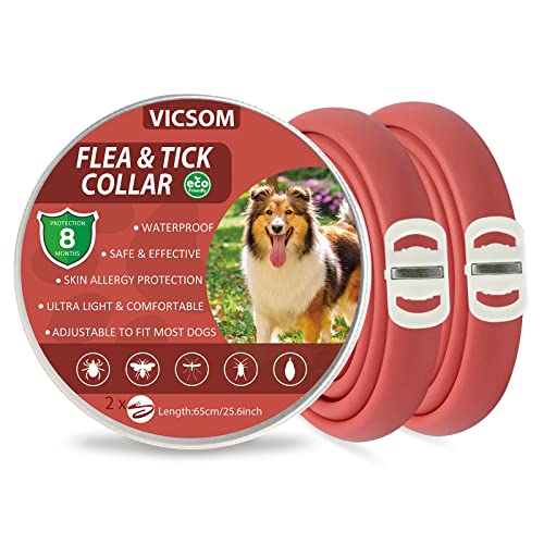 Collares Antiparasitario para Perros, Collar Antipulgas Perros, Collar de Pulgas y Garrapatas para Perro Impermeable Regulable, Válido 8 Meses para Perros de Todos los Tamaños Rojo 2Pcs