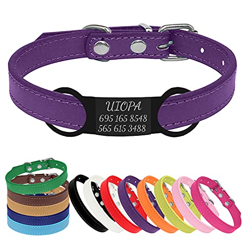 Uiopa Collar Perro Pequeño/Mediano, Chapa Perro Grabada Collar Perro Personalizado Collar Gato Cuero Ajustable y Impermeable para Cachorros, Gatos, Mascotas (Púrpura, Mediano)