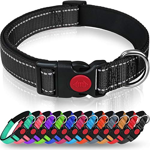 Taglory Collar Perro, Collar Nylon Reflectante Neopreno Forrado Ajustable para Perros Cachorro, Negro