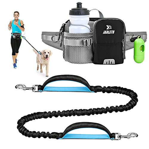 TEUEN Correa Perro Correr, Correa Manos Libres Perro con Riñonera Perro Ajustable, con Bolsas Caca Perro Piodegradables, Elástica Absorción Reflectantes para Correr, Caminar