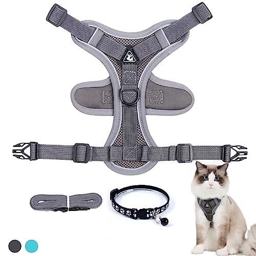 FINEASY Arnes Gato Antiescape, Rabbitgoo Ajustable, Chaleco Cómodo Reflectante Transpirable para Caminar Entrenar, Arnés Gato con Correa y Collar para Perros Pequeños Conejos (M, Gris)