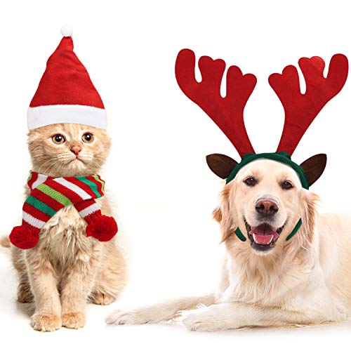 BELLE VOUS Pack de 3 Disfraz Mascota Navidad - Set Cinta para Cabeza de Astas de Reno, Sombrero de Papá Noel y Bufanda de Navidad a Rayas - Disfraz Perro Accesorio Mascotas para Gato, Cachorro, Catito