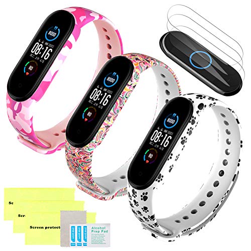 Mi-Case Correa de Silicona Compatible para Xiaomi Mi Band 6 / Mi Band 5 + [3Pack] Protector de Pantalla, Ajustable Banda Repuesto Pulsera para Xiaomi Mi Band 6-3 Pcs Serie Arcoiris