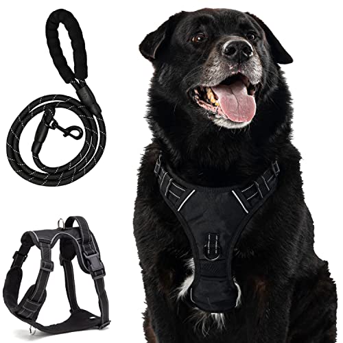 Evaspire Pets Arnés para perro XL sin tirones, negro grande con correa de perro resistente de 5 pies, arnés ajustable para perro K9 con acolchado suave y transpirable, arnés reflectante para perros