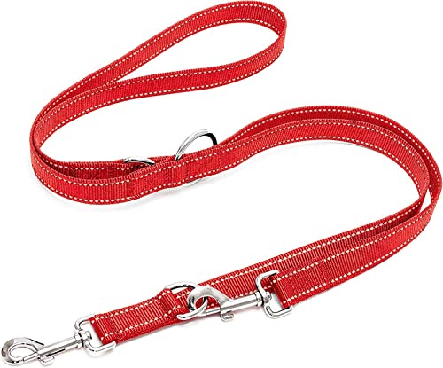 Happilax Correa de nailon para perros de 2 m ajustable – rojo-reflectante – correa ajustable en 3 posiciones, correa de doble correa para perros grandes o como correa de arrastre para perros pequeños.