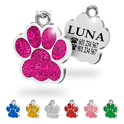 Chapa para Perro y Gato Personalizada - Ideal para Grabar su Nombre y tu Contacto - Placa Identificativa Hecha de Metal de aleación - Color Fucsia - Ibera Gifts