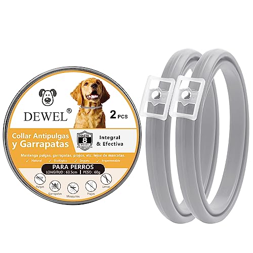 DEWEL Set de 2 Collar Antipulgas y Garrapatas, 8 Meses de Protección, Collares Perros contra Pulgas Garrapatas Mosquitos, Impermeable y Ajustable, 63,5 cm, Gris, Nuevo Paquete