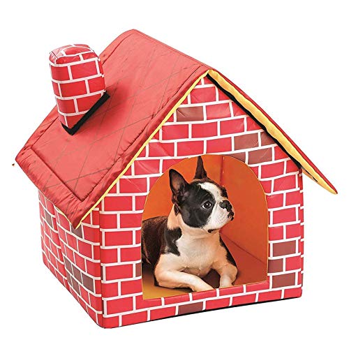 Cálido interior suave caseta para perros con chimenea para mascotas, gran casa, simulación ladrillo, poliéster, rojo