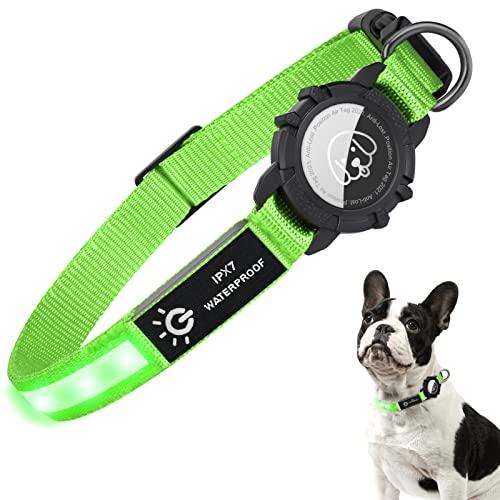 TagME Collar LED Perro,Collares para Perro Luminoso USB Recargable y Impermeable, Ajustable Collars con Portaetiquetas de AirTag para Perrito, Verde