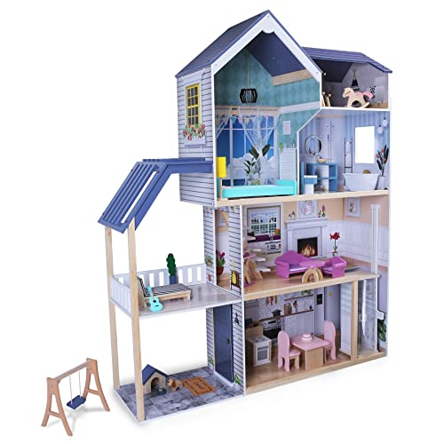 Casa de muñecas XL de madera grande para Barbie y muñecas de 29 cm, 112 x 30 x 139 cm, con accesorios, 28 muebles incluidos, columpio, terraza, perro, caballo balancín, 4 pisos