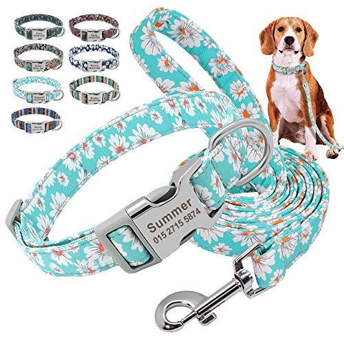 Beirui Collar de perro personalizado de nailon y correa – collares de estilo étnico suave para perros pequeños, medianos y grandes con hebilla ligera, S, margarita verde