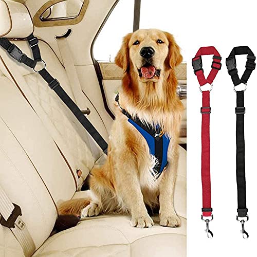 Cinturones de Seguridad para Coche, 2pcs de Correas Ajustables para reposacabezas de Coche, arnés para cinturón de Seguridad para Mascotas, Gatos, Perros Negro y Rojo