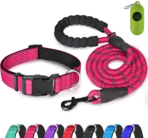 Dynmeow Juego de Collar y Correa Reflectantes para Perros, Collar Ajustable para Mascotas con Acolchado de Neopreno Suave para Perros Pequeños, Medianos y Grandes, Cuerda para Escalar,Rosa Caliente, L