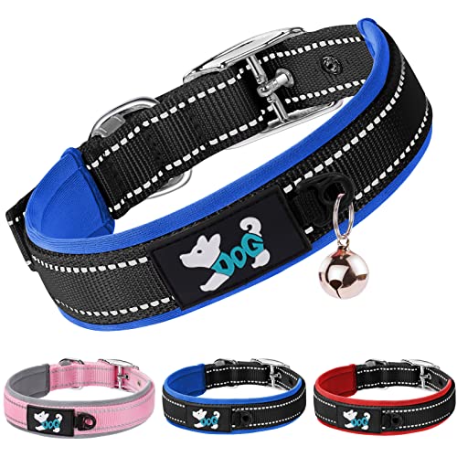 AUAUY Collar Perro, Ajustable Collar Nylon Reflectante para Mascotas, Neopreno Ultrasuave Acolchado con Hebilla de Metal Anillo en D Y Anillo de Etiqueta para Perros Pequeños, Medianos, Grandes Azul-S